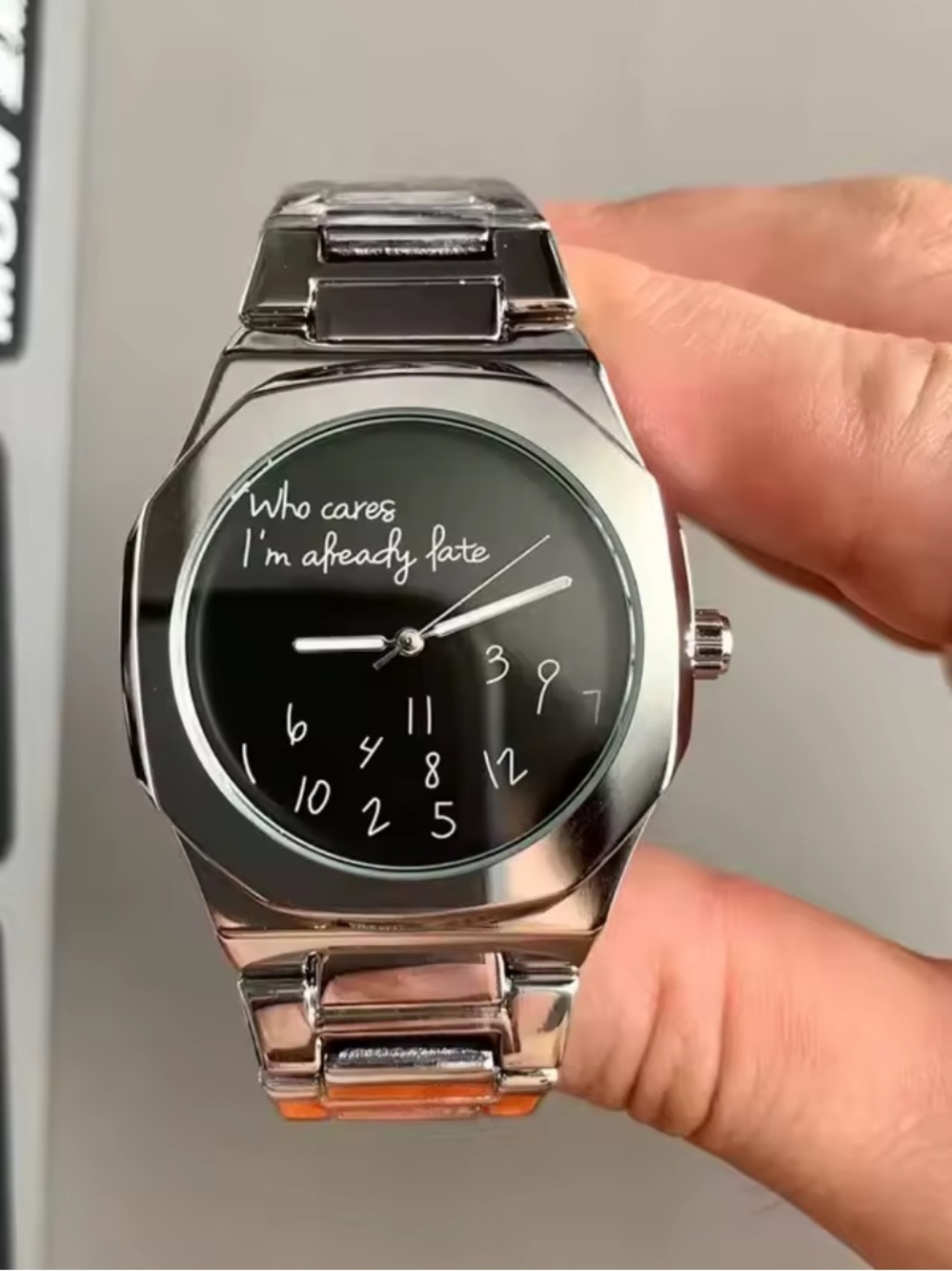 Novelty Silver Bracelet Watch with Black Dial - 'Who Cares I'm Already Late'